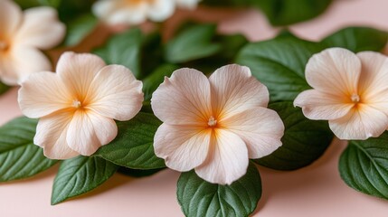 Fototapeta premium Closeup of pastel pink flowers with green leaves on pink background.
