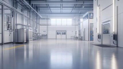 Obraz premium Frontal view of empty, spotless factory floor with industrial equipment