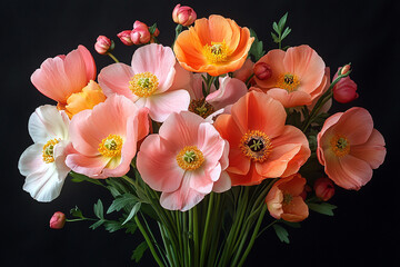 Fototapeta premium A vibrant bouquet of peach and coral ranunculus flowers