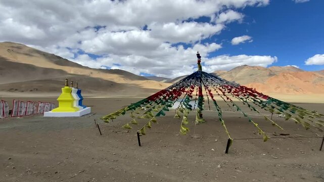 Buddhist stupas near debring in the himalayan mountains of ladakh, passing through the keylong-leh road, in Ladakh, India.