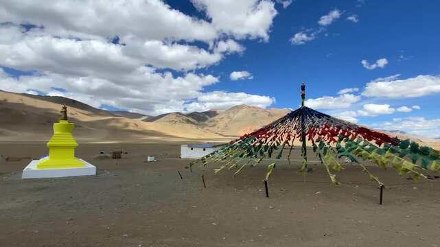 Buddhist stupas near debring in the himalayan mountains of ladakh, passing through the keylong-leh road, in Ladakh, India.