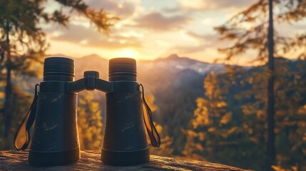 Detailed close up of classic yellow binoculars against a softly blurred natural backdrop