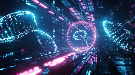 Fototapeta premium Holographic projection of a rotating DNA strand, glowing neon beams illuminating the molecular structure, futuristic research lab