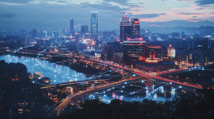 Obraz premium Smart digital Innovation city with connection network reciprocity over the twilight cityscape. of future smart wireless digital city and social media networking systems that connects people with city