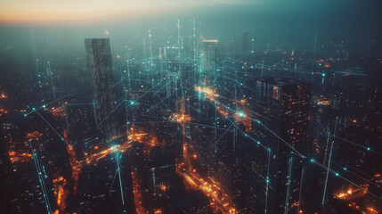 Obraz premium Smart digital Innovation city with connection network reciprocity over the twilight cityscape. of future smart wireless digital city and social media networking systems that connects people with city