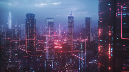 Fototapeta premium Smart digital Innovation city with connection network reciprocity over the twilight cityscape. of future smart wireless digital city and social media networking systems that connects people with city