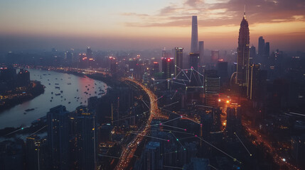 Fototapeta premium Smart digital Innovation city with connection network reciprocity over the twilight cityscape. of future smart wireless digital city and social media networking systems that connects people with city
