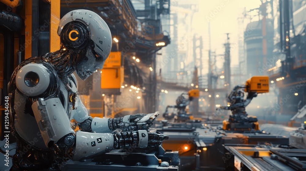 Poster cyber engineering in an industrial setting, with ai-powered robots performing tasks