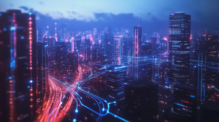 Smart digital Innovation city with connection network reciprocity over the twilight cityscape. of future smart wireless digital city and social media networking systems that connects people with city