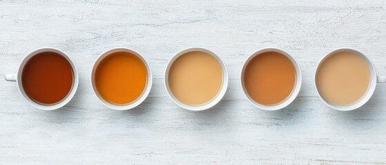 A visually appealing arrangement of five cups of tea, showcasing varying shades of color from dark to light on a rustic background.