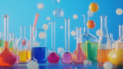 Various colorful laboratory glassware placed against a blue background with white bubbles, capturing a vibrant and creative chemistry theme
