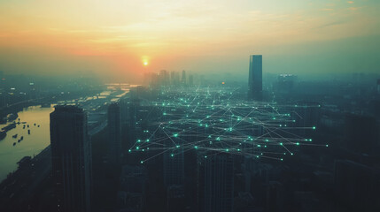 Fototapeta premium Smart digital Innovation city with connection network reciprocity over the twilight cityscape. of future smart wireless digital city and social media networking systems that connects people with city 