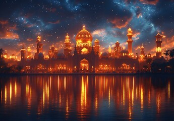 Naklejka premium Illuminated Palatial Buildings with Domes and Spires Reflected on Water Against a Starry Night Sky