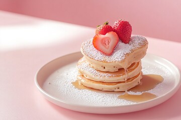 A delightful stack of heart-shaped pancakes sits on a white plate, adorned with fresh strawberries, powdered sugar, and a drizzle of maple syrup, creating a perfect romantic breakfast setting