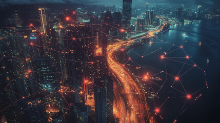 Fototapeta premium Smart digital Innovation city with connection network reciprocity over the twilight cityscape. of future smart wireless digital city and social media networking systems that connects people with city 