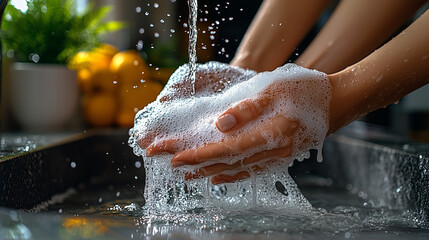Fototapeta premium Hands washing with soap under clean running water