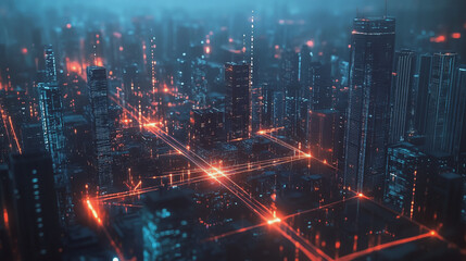 Fototapeta premium Smart digital Innovation city with connection network reciprocity over the twilight cityscape. of future smart wireless digital city and social media networking systems that connects people with city 