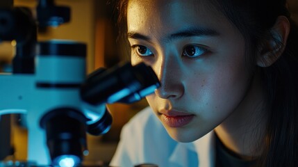 Close up of young woman seeing through microscope in science laboratory with other students. Focused college student using microscope in the chemistry lab during biology lesson.