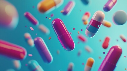 A close-up shot of colorful capsules and pills on a blue background.