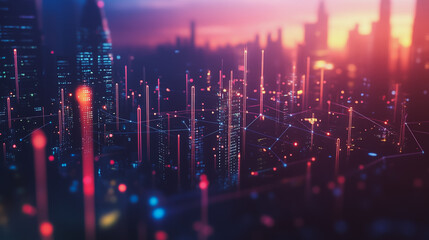 Obraz premium Smart digital Innovation city with connection network reciprocity over the twilight cityscape. of future smart wireless digital city and social media networking systems that connects people with city 