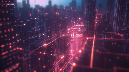 Obraz premium Smart digital Innovation city with connection network reciprocity over the twilight cityscape. of future smart wireless digital city and social media networking systems that connects people with city 