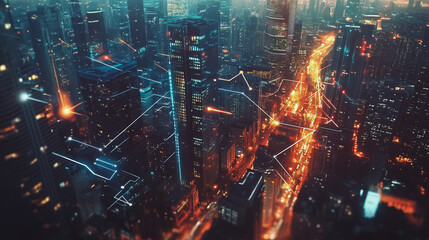 Obraz premium Smart digital Innovation city with connection network reciprocity over the twilight cityscape. of future smart wireless digital city and social media networking systems that connects people with city 