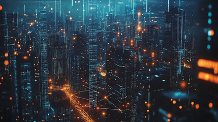 Fototapeta premium Smart digital Innovation city with connection network reciprocity over the twilight cityscape. of future smart wireless digital city and social media networking systems that connects people with city 