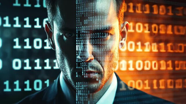 A futuristic portrayal of a man with a binary code overlay, divided between cool blue and fiery orange tones, symbolizing the fusion of technology and humanity. 4K video