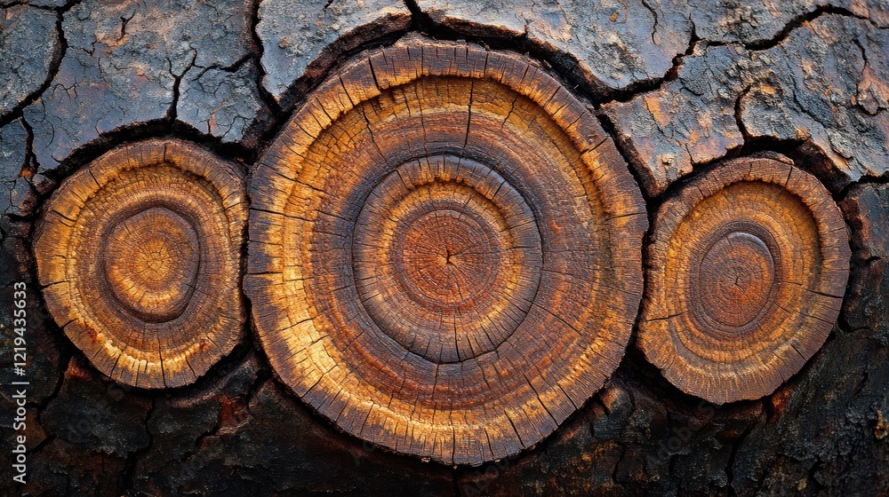Poster close-up of three tree rings on a weathered tree trunk.