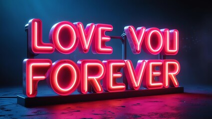 Obraz premium Bright neon sign displaying the message 'Love You Forever' with a vibrant glow against a dark background, creating a romantic and heartfelt atmosphere.