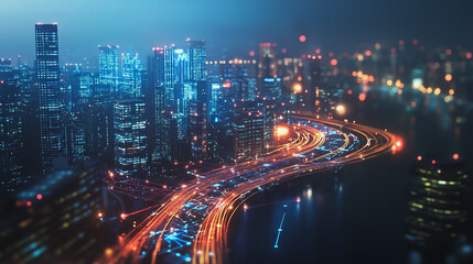 Fototapeta premium Smart digital Innovation city with connection network reciprocity over the twilight cityscape. of future smart wireless digital city and social media networking systems that connects people with city 