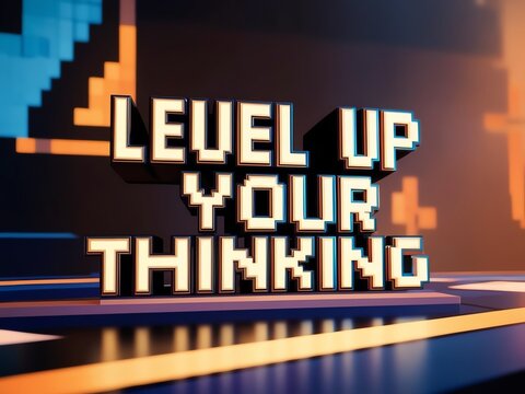 A digital graphic featuring bold text that says 'Level Up Your Thinking', designed in a creative pixel art style, perfect for motivational themes and tech-related content.