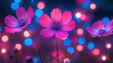 Obraz premium Pink cosmos flowers night bokeh background, website design
