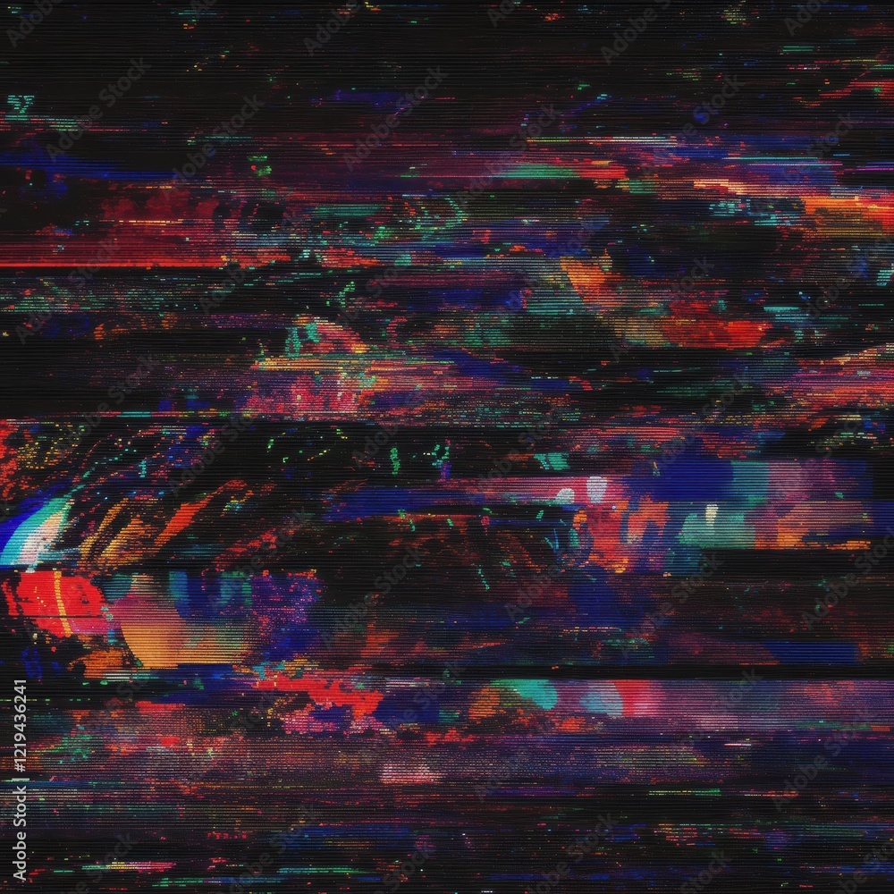 Poster colorful abstract glitch art with distorted digital patterns and vibrant visual noise