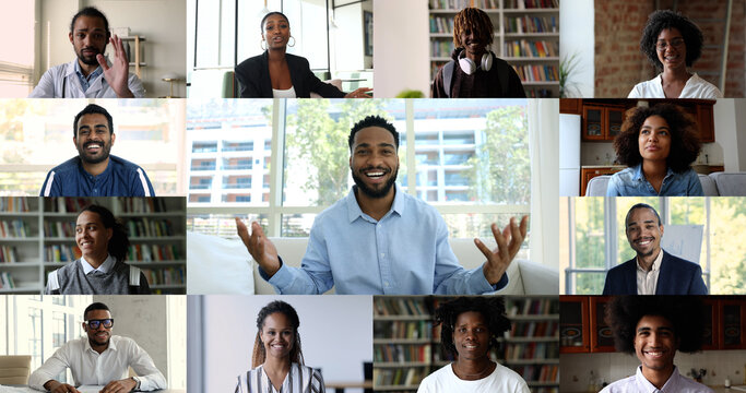 Multiethnic people staring at camera, African businessman lead online negotiations, corporate briefing with clients or colleagues, multiple footages collage view. Videocall application, communication