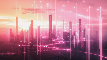 Fototapeta premium Smart digital Innovation city with connection network reciprocity over the twilight cityscape. of future smart wireless digital city and social media networking systems that connects people with city 