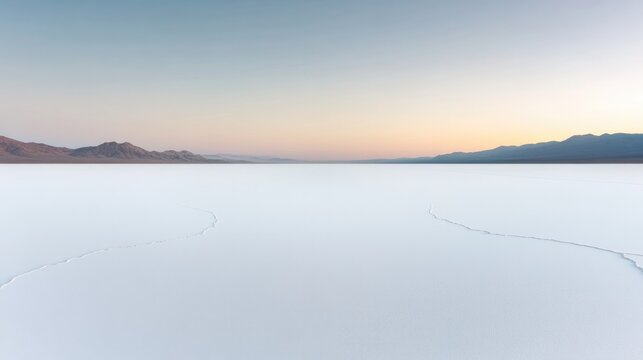 Endless salt flats stretch under pastel sky, creating surreal la