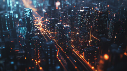 Obraz premium Smart digital Innovation city with connection network reciprocity over the twilight cityscape. of future smart wireless digital city and social media networking systems that connects people with city 