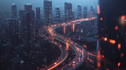 Fototapeta premium Smart digital Innovation city with connection network reciprocity over the twilight cityscape. of future smart wireless digital city and social media networking systems that connects people with city 