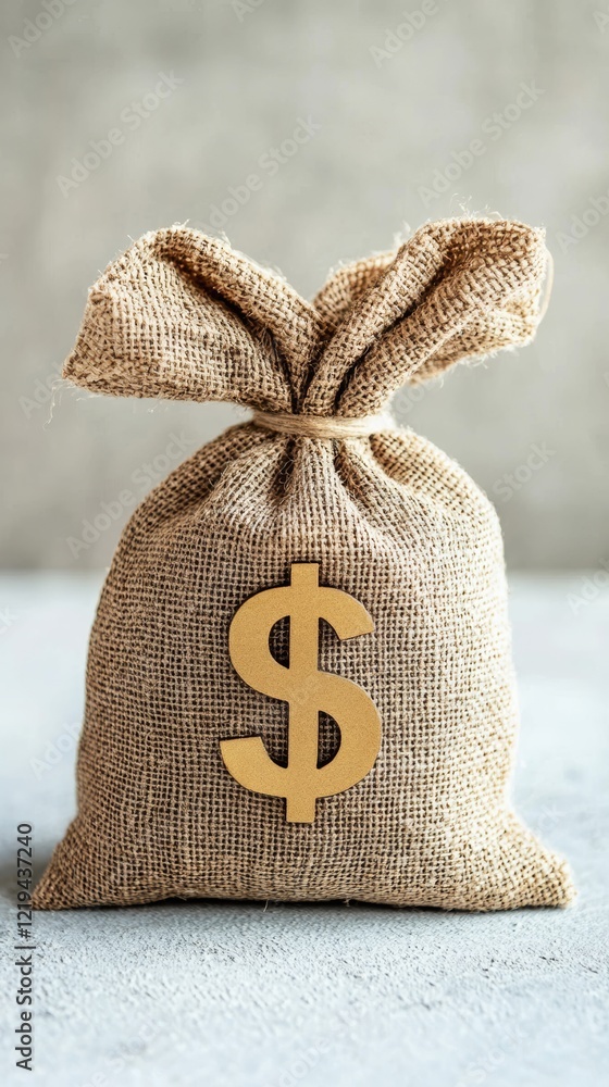 Poster full burlap money bag tied with twine and displaying large gold dollar sign resting on gray surface,