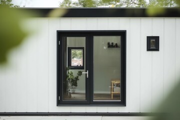 Modern exterior design of a minimalist cabin featuring large windows, a sleek door, and surrounding greenery during daytime in a tranquil outdoor setting