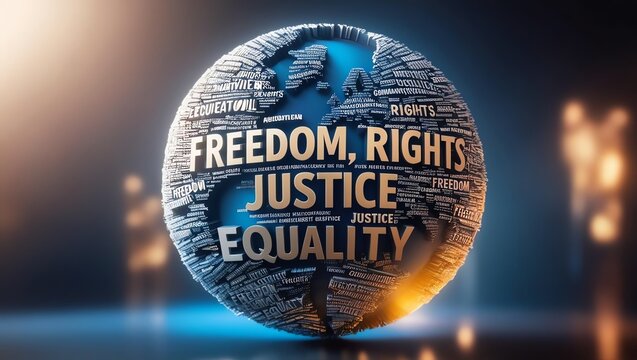 A globe made of words representing freedom, rights, justice, and equality. A powerful symbol of advocacy and social change against a soft-focus background.