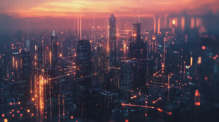 Fototapeta premium Smart digital Innovation city with connection network reciprocity over the twilight cityscape. of future smart wireless digital city and social media networking systems that connects people with city 