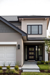 Obraz premium Modern House Exterior: Contemporary Home Design and Architecture. Luxury Real Estate Property with Grey Facade and Landscaping.