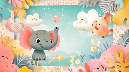 Playful Elephant and Friends in a Colorful Cartoon Landscape