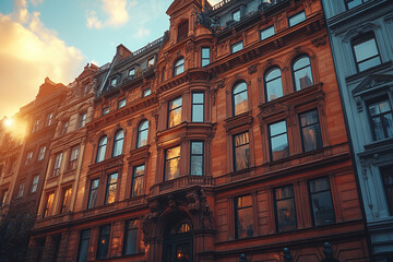 Fototapeta premium Elegant European Building Sunset Glow Reflecting Windows