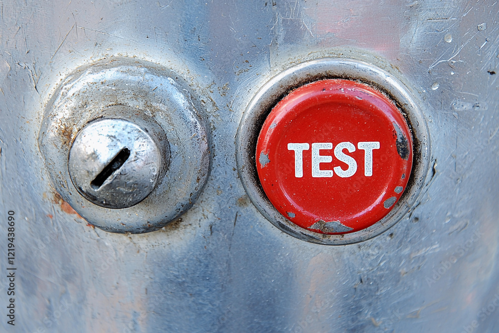 Poster old factory shield with a large red test button