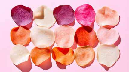 Thinly sliced and dehydrated vegetable chips in vibrant colors of purple, orange, and white arranged on a pink backdrop, creating an appealing display of healthy snacks