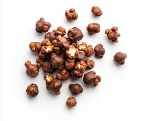 Obraz premium Chocolate-Coated Popcorn on White Background: Sweet Snack Delight in High-Resolution Stock Photo