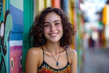 Naklejka premium A smiling young woman with curly hair stands against a vibrant mural, exuding joy and warmth in a colorful urban setting. fashionable woman in the street
